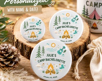 Personalized Camp Bachelorette Pins, Custom Bride Party Buttons, Camp Bach Party Favors, Cabin Bachelorette Accessories, Bride Tribe Pins