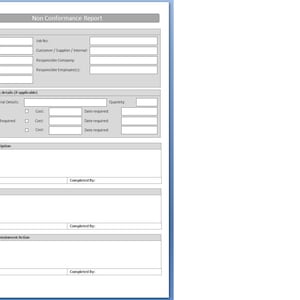 May include: A Non Conformance Report template with a blue border. The document includes fields for details such as type, department, and date raised. It also has sections for manufacturing details, problem description, root cause, and immediate containment action.