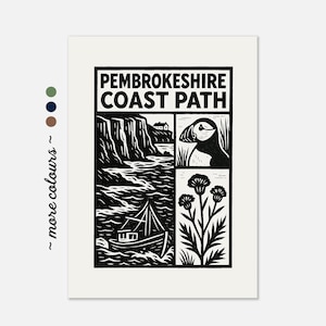 Pembrokeshire Coast Path Print – Linocut Style Illustration | Welsh Coastal Artwork