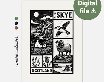 Isle of Skye Digitaldruck – Illustration im Linolschnitt-Stil | Schottisches Hochland-Kunstwerk