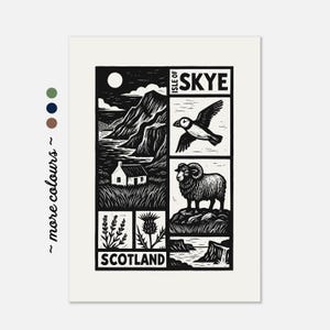 Isle of Skye – Illustration im Linolschnitt-Stil | Schottisches Hochland-Kunstwerk