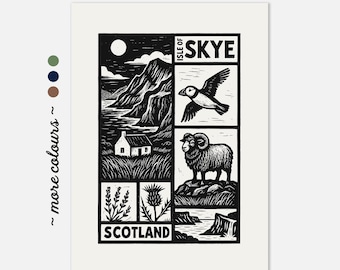 Isle of Skye – Illustration im Linolschnitt-Stil | Schottisches Hochland-Kunstwerk