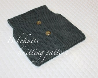 May include: A dark green knitted waistcoat with two brown buttons. The waistcoat is laid flat on a white surface. The text "Bebeknits knitting pattern" is visible on the waistcoat.