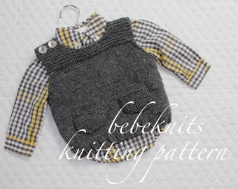 May include: A grey knitted baby vest with two small pockets, worn over a yellow and white checked shirt. The image includes the text "bebeknits knitting pattern" in cursive script across the bottom.