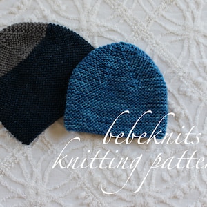 May include: Two knitted baby hats, one blue and one with a grey and blue color block design. The hats are on a white background with the text "bebeknits knitting pattern".