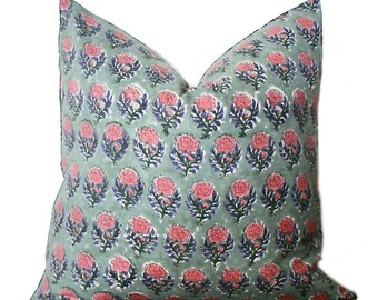 Hand Block Print Various Sizes Pillow Cover: Grayish Green Modern Block Print Floral Accent