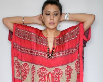 Mulberry Silk Kaftan: Red & Purple Paisley Lounge Dress