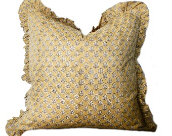 Yellow and Gray Ruffle Pillow Cover Pair: Indian Block Print Accent, Gathered Edges