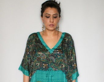 Mulberry Silk Kaftan: Green & Blue Maxi Lounge Dress