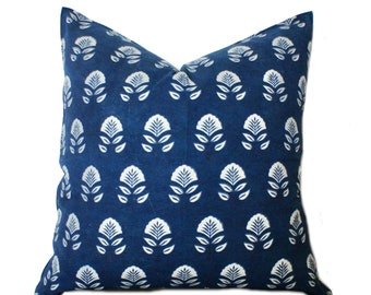 Indigo Blue Floral Pillow Cover: Hand Block Print, Boho Farmhouse Decor