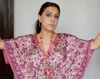 Mulberry Silk Kaftan: Pink Floral Print Midi Lounge Dress