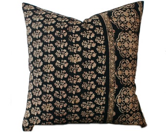 Black Floral Block Print Pillow Cover: Boho Farmhouse Decor (22x22)