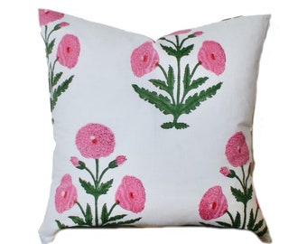 Various Sizes Pink Hand Block Print Floral Pillow | Botanical Flower Pillow | Modern Boho Pillow | Farmhouse Decor | Front Back Same Fabric