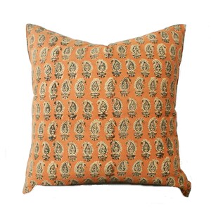 18x18 14x36 Orange Green Organic Cotton Hand Block Pillow | Vintage Kalamkari Botanical Pillow | Modern Pillow | Neutral Farmhouse Decor