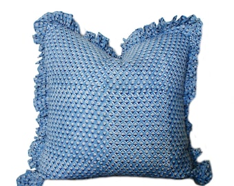 Ruffled Edge Blue Indian Block Print Pillow Cover Set