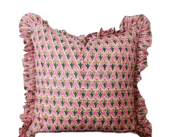 Ruffled Pillow Pair: Pink Indian Block Print Accent Pillows