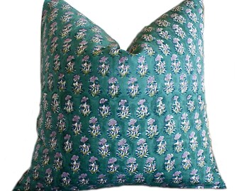 Floral Block Print Pillow Cover: Green & Purple, Hand Woven Kantha Cotton