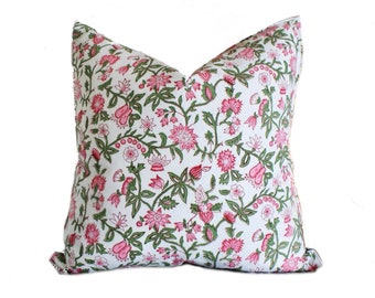 20x20 - 22x22 Green Pink Hand Block Print Flower Pillow Cover // Floral Print Pillow // Modern Pillow // Farmhouse Decor // Botanical Pillow