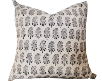 20x20 Hand Block Print Pillow Cover // Indian Pillow // Off White Black Flower Pillow // Modern Pillow // Farmhouse Decor / Accent Pillow