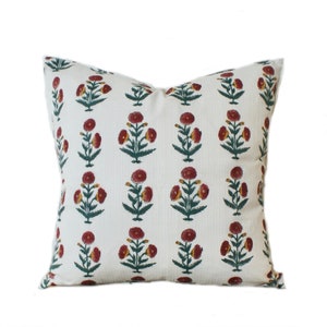 18x18 Floral Hand Block Print Pillow // Indian Pillow // Red Botanical Floral Pillow // Modern Pillow // Farmhouse Decor // Kantha Pillow