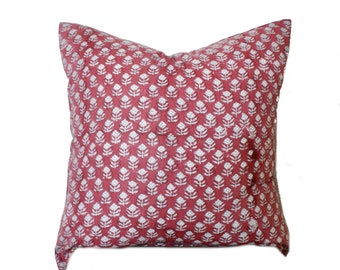 Pink Floral Hand Block Print Pillow Cover: Bohemian Farmhouse Decor