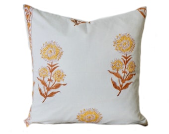 20x20 Yellow Sunflower Hand Block Print Pillow Cover: Farmhouse Floral