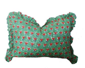14x20 Lumbar Pillow Cover: Indian Block Print with Gathered Edge, Green Pillow Cushion