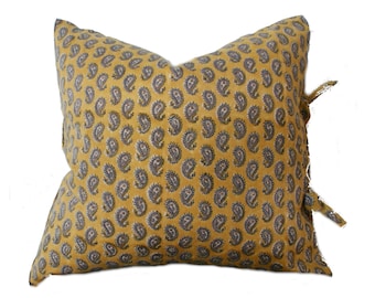 Hand Block Print Pillow Cover Set: Yellow Paisley, Bohemian Cushion Sham (18x18)