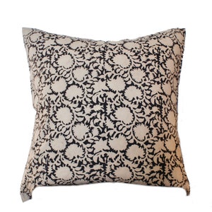14x36 18x18 22x22 Vintage Kalamkari Hand Block Pillow | Botanical Pillow |  Country Farmhouse Decor | Vintage Black Tan Block Print Lumbar
