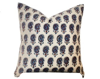 Blue Tan Hand Block Print Pillow Cover: Floral Farmhouse Decor