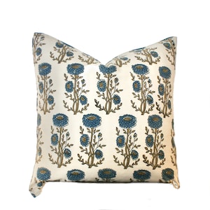 22x22 Indigo Tan Blue | Blue Black Green Hand Block Floral Pillow | Indigo Pillow | Farmhouse Floral Decor | Boho Eclectic Home Decor