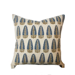 22x22 Indigo Tan Blue Hand Block Floral Pillow | Indigo Pillow | Vintage Pillow | Farmhouse Floral Decor | Boho Eclectic Home Decor