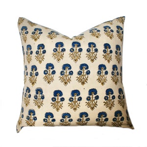 14x36 | 18x18 | 20x20 | 22x22 Hand Block Print Floral Pillow | Botanical Pillow | Blue Throw Pillow | Pastel Print Pillow | Farmhouse Decor