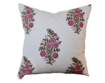 Floral Block Print Pillow Cover: White & Pink Bohemian Decor