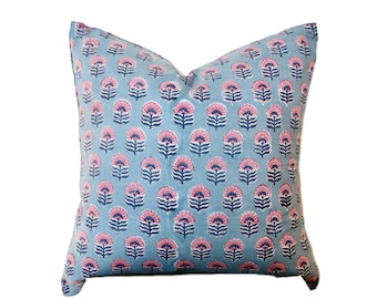16" 18" 20" 22" 24" 16x36 Blue Pink Hand Block Print Floral Pillow | Modern Boho Pillow | Farmhouse Eclectic Home Decor | Blue Lumbar Pillow