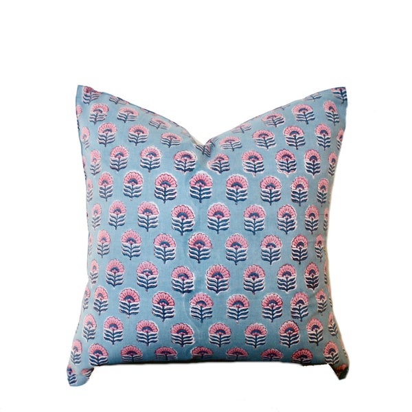 16" 18" 20" 22" 24" 16x36 Blue Pink Hand Block Print Floral Pillow | Modern Boho Pillow | Farmhouse Eclectic Home Decor | Blue Lumbar Pillow