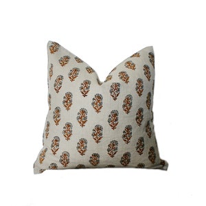 Designer Linen Block Print Pillow Cover, Mid Century Modern, Neutral Pillow, Modern Farmhouse Pillow, Luxury Beige Linen Tan Blue Flower
