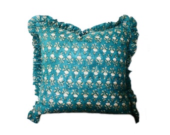 Green Ruffled Edge, Gathered Edge, Modern Accent Pillow, Mid Century, Indian Block Print, Frilled Pillow, Ruffle Pillow, English Farmhouse