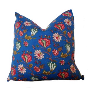 18x18 Pair Indian Block Print Throw Pillow, Blue Red & Pink Print, Cushion Cover, Pillow Cover, Bohemian Pillow, Farmhouse Decor, Boho image 1