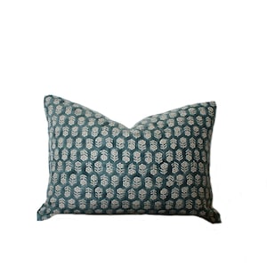 Designer Block Print Linen Pillow, Smoky Blue Pillow, Neutral Floral Linen Pillow, Farmhouse Pillow, High End Luxury Pillow, Various Sizes