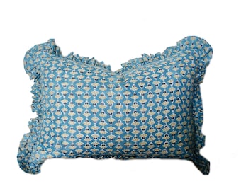Indian Block Print Lumbar Pillow: Blue Floral Ruffle Accent (14x20)