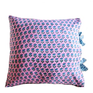 Hand Block Print Pillow Cover Set: Blue Booti Print, Magenta Pink, 18x18