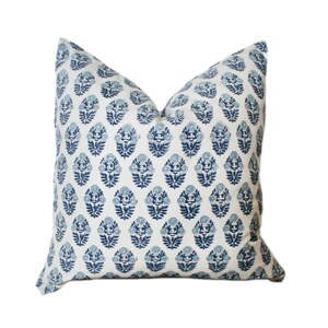 Block Print Various Sizes Pillow: Blue Floral Accent, Hand Woven Kantha Cotton