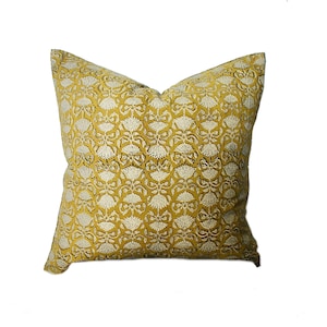 Mustard Boho Block Print Pillow Cover, Farmhouse Style, Bohemian, Botanical Decorative Pillow, Handmade Cushion Cover, Mid Century Modern