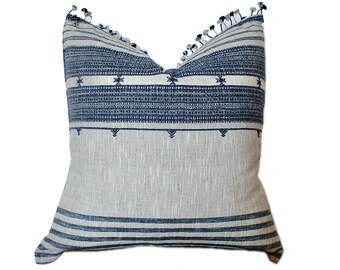 Block Print Pillow: French California Style Accent Pillow with Tassels (22x22)