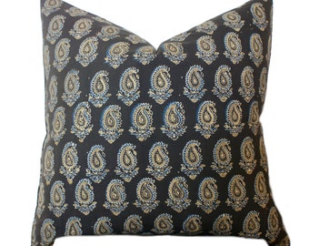 22x22 - 20x20 - 18x18 Hand Block Print Pillow // Botanical Pillow // Blue Paisley Pillow // Modern Pillow // Farmhouse Decor // Linen Pillow