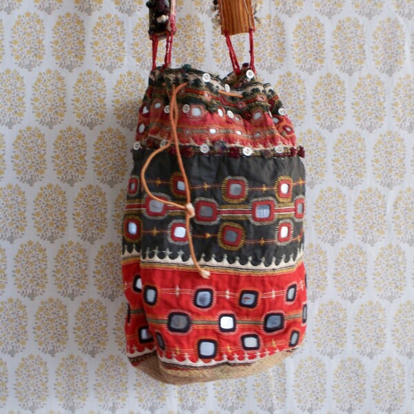 Authentic Kutch Vintage Tribal Banjara Gypsy Indian Dowry Tote Bucket Round Bag, Carry Bag, Shopping Purse or Frame Painting