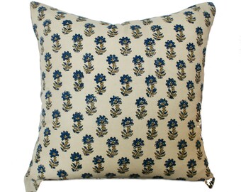 Indigo Floral Pillow Cover: Hand Block Print, Boho Farmhouse Decor
