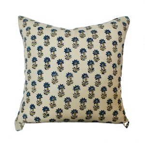 22x22 | 12x20 Indigo Tan Blue Hand Block Floral Pillow | Indigo Pillow | Modern Pillow | Farmhouse Floral Decor | Boho Eclectic Home Decor