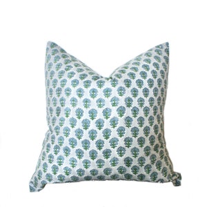 14x36 18x18 20x20 22x22 26x26 Green Blue Grey Hand Block Pillow | Botanical Pillow | Modern Pillow | Farmhouse Floral | Eclectic Home Decor